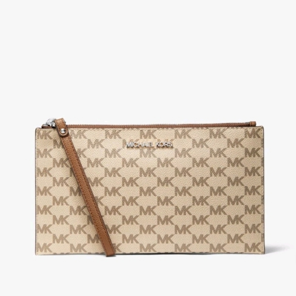 Michael Kors Jet Set Logo Covered Canvas Beige/Brown Logo Clutch